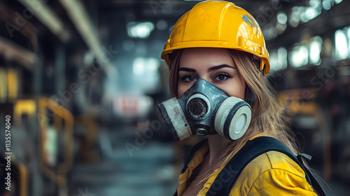 A woman adorned in a vibrant yellow helmet and protective gas mask stands confidently in a hazardous work environment. Her sturdy attire hints at the dangerous nature of her surroundings.