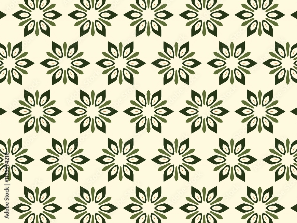 A seamless pattern of delicate green floral motifs on a soft cream background. A seamless pattern of delicate green floral motifs on a soft cream background.