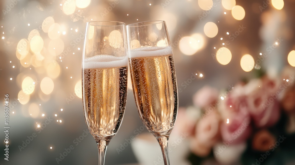 Romantic Celebration with Two Champagne Glasses Clinking Together in an Intimate Setting with Warm Bokeh Lights Romantic Celebration with Two Champagne Glasses Clinking Together in an Intimate Setting with Warm Bokeh Lights