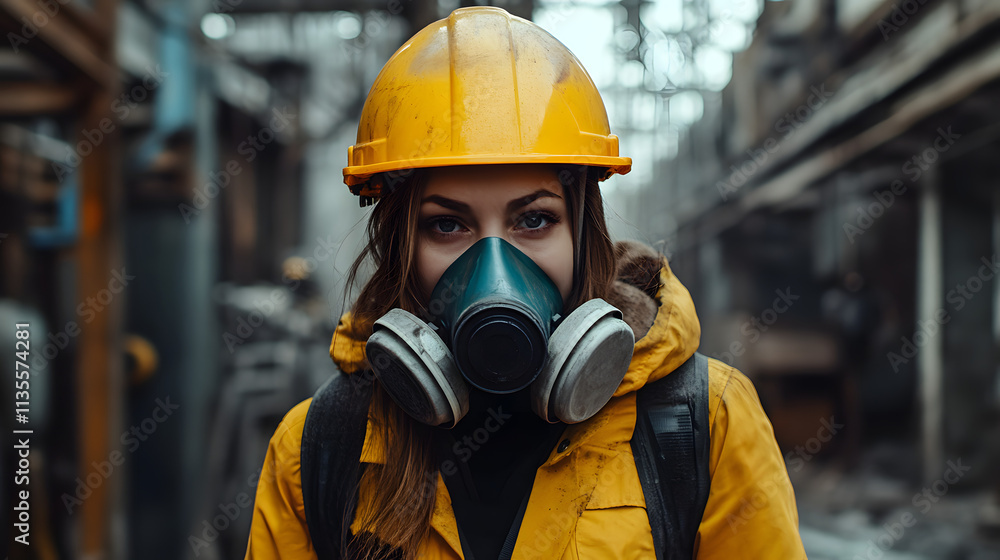 A woman adorned in a vibrant yellow helmet and protective gas mask stands confidently in a hazardous work environment. Her sturdy attire hints at the dangerous nature of her surroundings. A woman adorned in a vibrant yellow helmet and protective gas mask stands confidently in a hazardous work environment. Her sturdy attire hints at the dangerous nature of her surroundings.