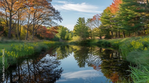 A still pond surrounded by lush greenery, perfectly reflecting the trees and sky above.