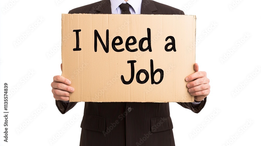 Recession unemployment concept. A man in a suit holds a sign stating Recession unemployment concept. A man in a suit holds a sign stating