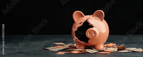 Recession unemployment concept. Broken piggy bank with scattered coins represents financial loss and savings disruption. photo