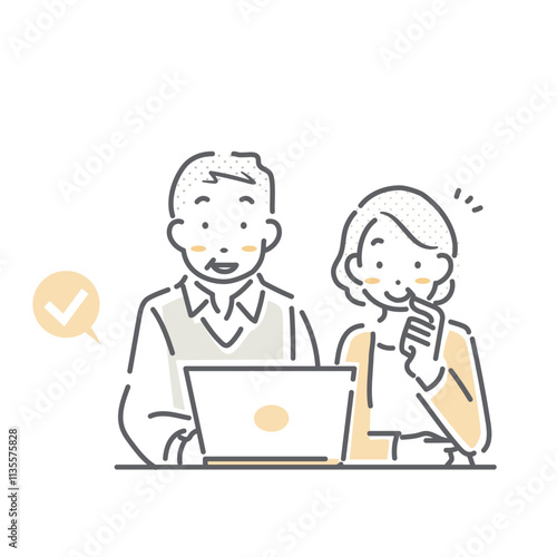 インターネットで申し込みをするシニア夫婦　シンプルでお洒落な線画イラスト