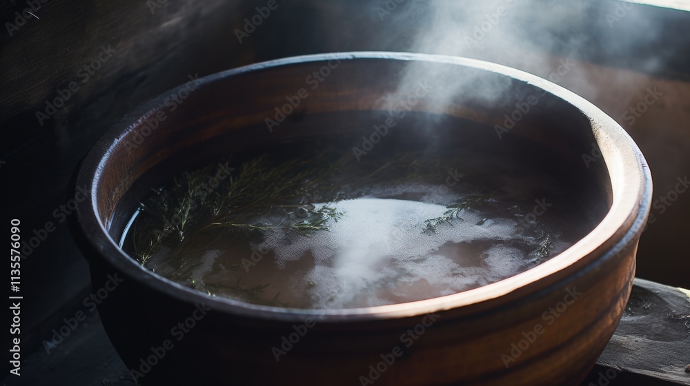 Steaming hot herbal tea in a wooden bowl Steaming hot herbal tea in a wooden bowl