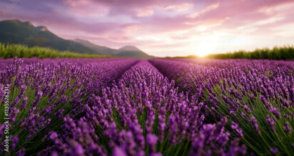 Naklejka premium Vibrant lavender field at sunset