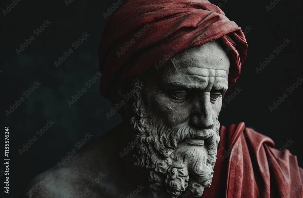 ancient philosopher statue with red cloth ancient philosopher statue with red cloth
