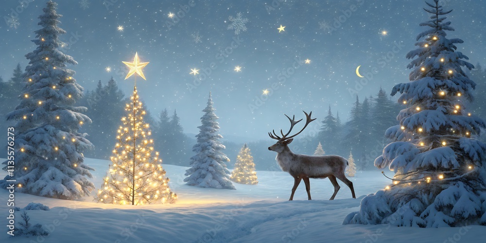 Magical Christmas Banner with Reindeer in Snowy Forest, Festive Holiday Scene Magical Christmas Banner with Reindeer in Snowy Forest, Festive Holiday Scene