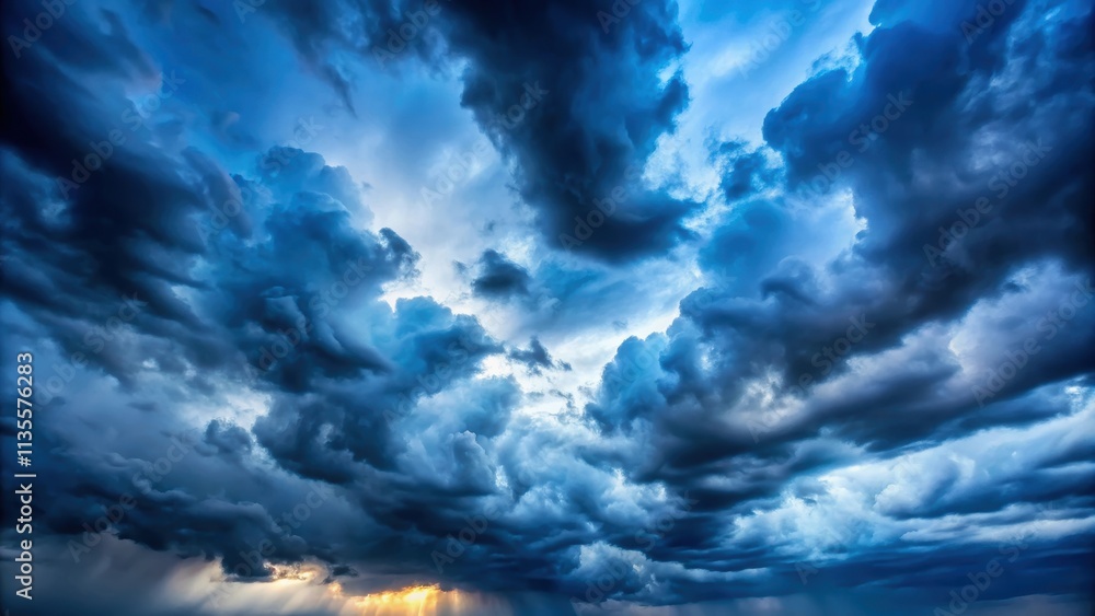 Obraz premium Gloomy blue storm clouds blocking sunlight, stormy, overcast, atmosphere, dramatic, weather, dark, ominous, moody, dramatic, clouds