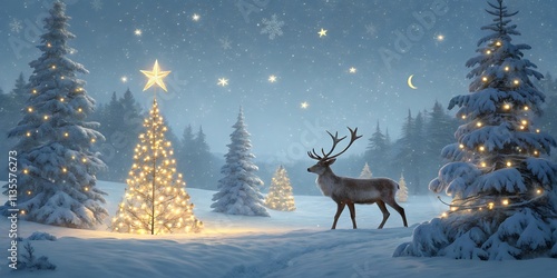 Magical Christmas Banner with Reindeer in Snowy Forest, Festive Holiday Scene
