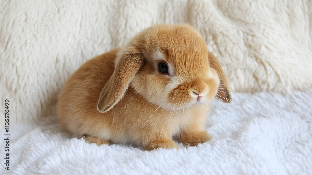 Adorable Orange Lop-Eared Baby Rabbit on Fluffy White Blanket Adorable Orange Lop-Eared Baby Rabbit on Fluffy White Blanket