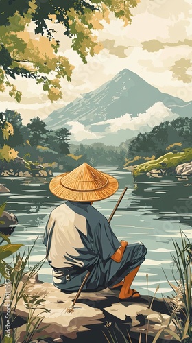 Tranquil Fisherman by Mountain River Landscape photo