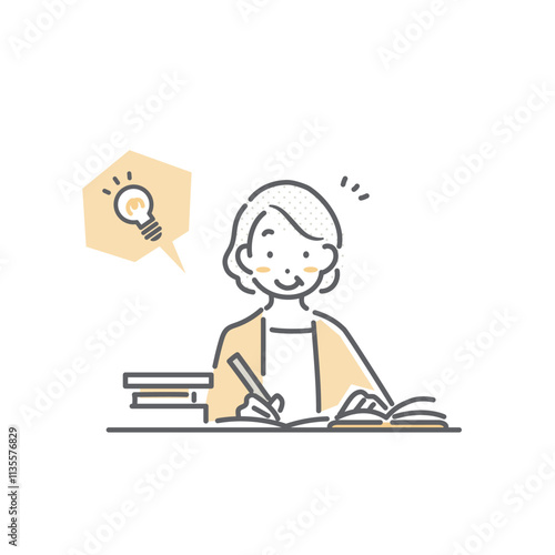 意欲的に勉強をするシニア女性　シンプルでお洒落な線画イラスト