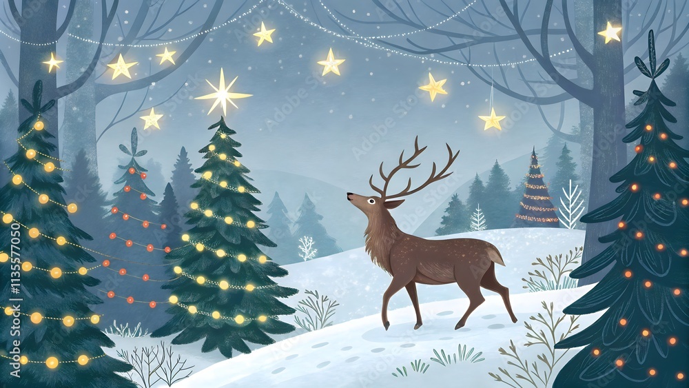 Magical Christmas Banner with Reindeer in Snowy Forest, Festive Holiday Scene Magical Christmas Banner with Reindeer in Snowy Forest, Festive Holiday Scene