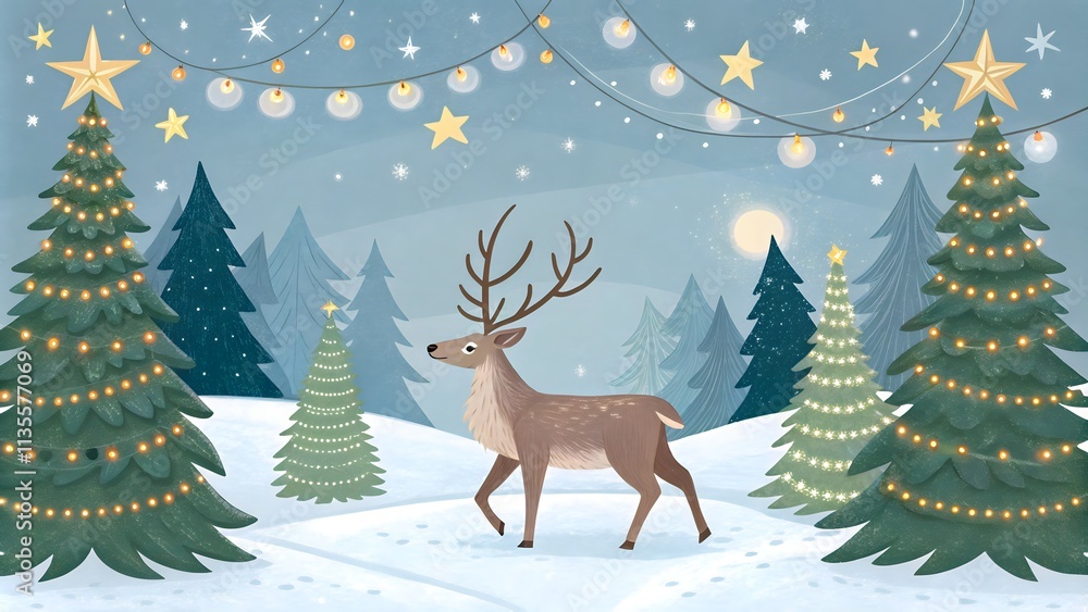 Magical Christmas Banner with Reindeer in Snowy Forest, Festive Holiday Scene Magical Christmas Banner with Reindeer in Snowy Forest, Festive Holiday Scene