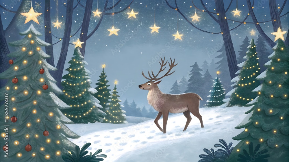Magical Christmas Banner with Reindeer in Snowy Forest, Festive Holiday Scene Magical Christmas Banner with Reindeer in Snowy Forest, Festive Holiday Scene