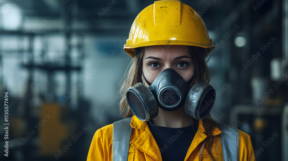 A woman adorned in a vibrant yellow helmet and protective gas mask stands confidently in a hazardous work environment. Her sturdy attire hints at the dangerous nature of her surroundings. A woman adorned in a vibrant yellow helmet and protective gas mask stands confidently in a hazardous work environment. Her sturdy attire hints at the dangerous nature of her surroundings.