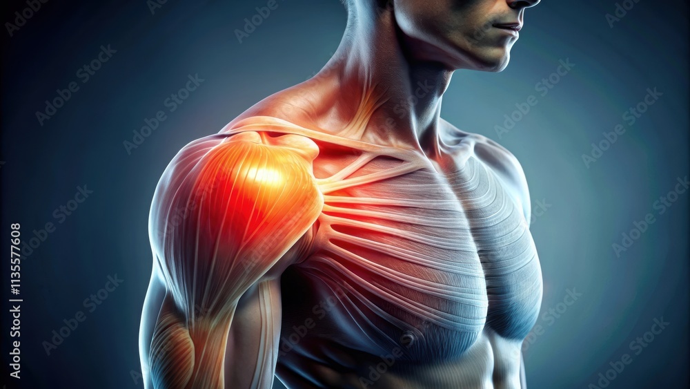 Close-up view of injured shoulder with overlaid glowing muscles and tendons, concept of rotator cuff injury, shoulder