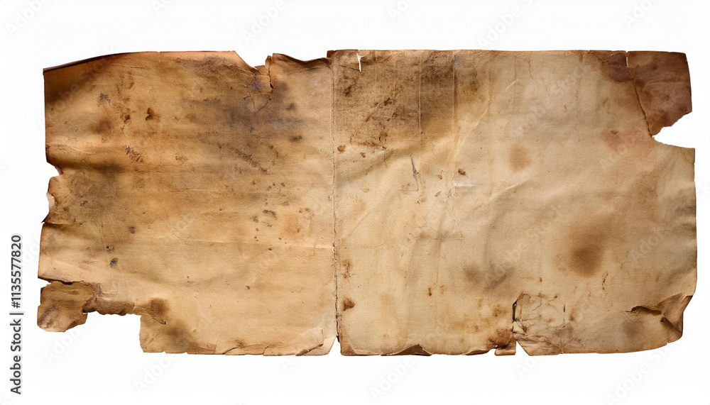 Fototapeta premium Interesting texture of old paper, darkened by time and dirty, on a white background. Unique vintage texture of old paper about 60- 70 years old.