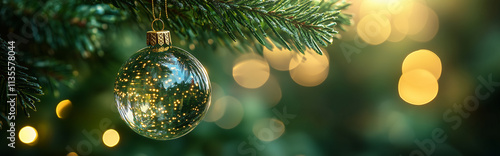 Christmas ball with snow and lights in winter. Christmas banner with space for text. Happy New Year background. Happy Holidays greeting card. Winter Christmas theme.