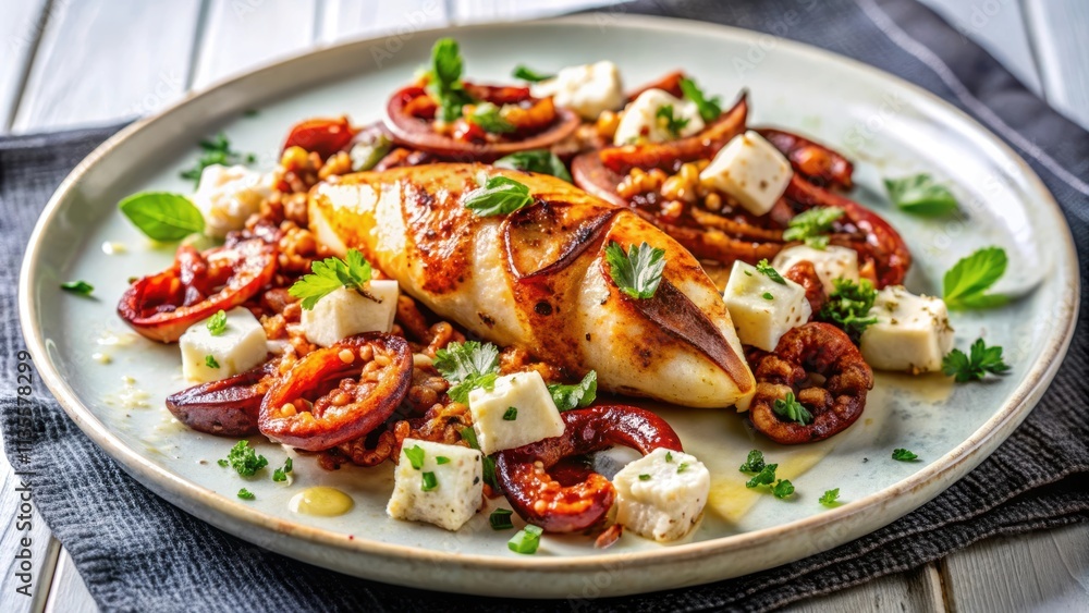 Grilled squid topped with fried chorizo and crumbled feta on a white plate , seafood, Mediterranean, tasty Grilled squid topped with fried chorizo and crumbled feta on a white plate , seafood, Mediterranean, tasty