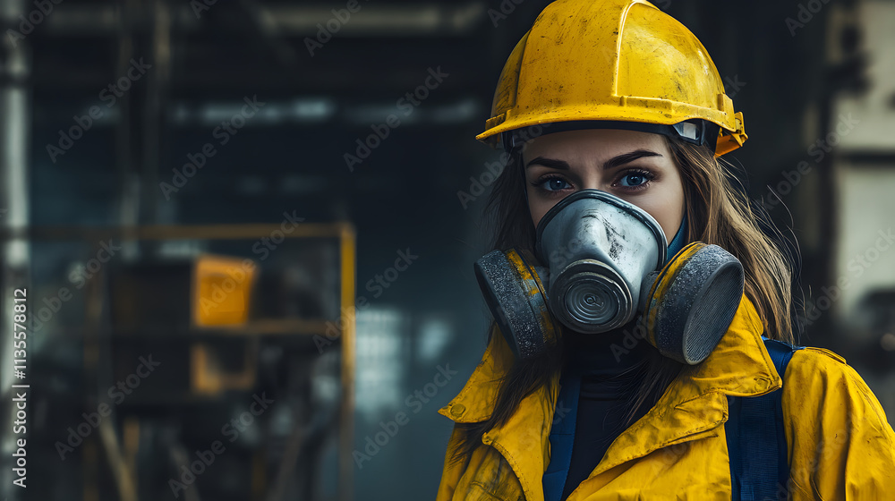 A woman adorned in a vibrant yellow helmet and protective gas mask stands confidently in a hazardous work environment. Her sturdy attire hints at the dangerous nature of her surroundings. A woman adorned in a vibrant yellow helmet and protective gas mask stands confidently in a hazardous work environment. Her sturdy attire hints at the dangerous nature of her surroundings.