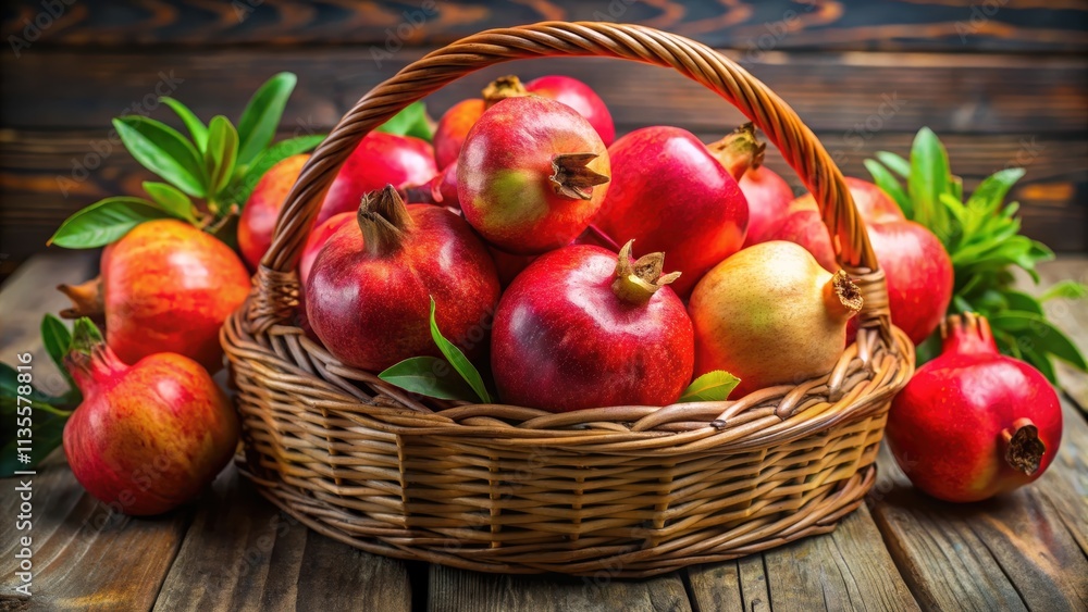 A vibrant and colorful basket filled with ripe pomegranates, juicy, fresh, fruit, healthy, antioxidant, organic, seeds, nutrition A vibrant and colorful basket filled with ripe pomegranates, juicy, fresh, fruit, healthy, antioxidant, organic, seeds, nutrition