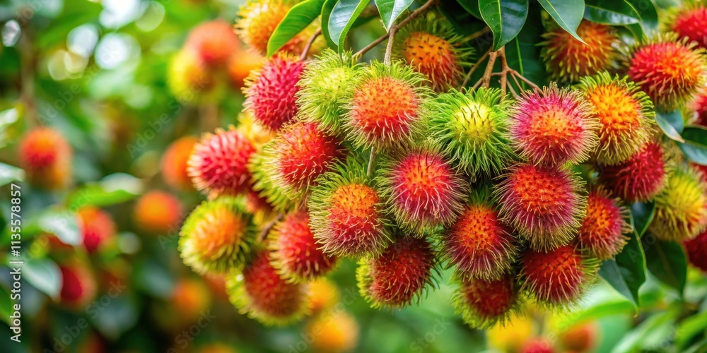 Rambutan tree heavy with vibrant ripe fruits , tropical, exotic, agriculture, harvest, sweet, juicy, spiky, red, green, leafy Rambutan tree heavy with vibrant ripe fruits , tropical, exotic, agriculture, harvest, sweet, juicy, spiky, red, green, leafy