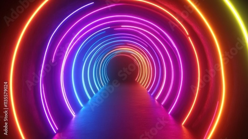 Vibrant Neon Rainbow Tunnel: A Psychedelic 3D Render