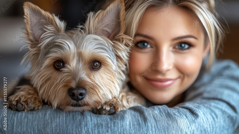 A woman is standing next to a cute dog A woman is standing next to a cute dog