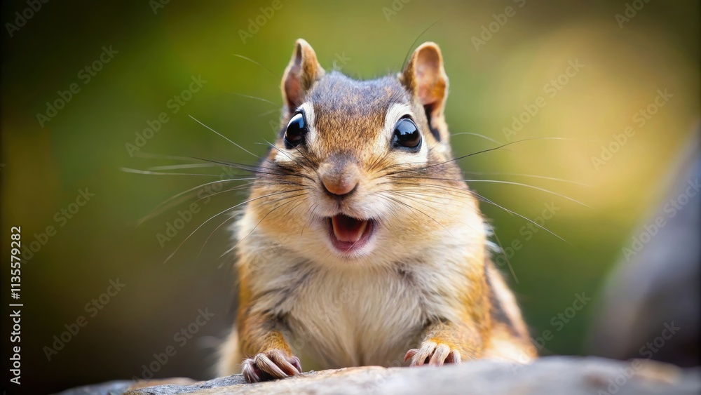Obraz premium Happy chipmunk with shocked expression and open mouth , surprised, cute, furry, animal, small, rodent, wildlife, nature