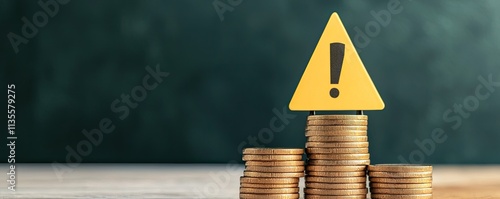 Recession unemployment concept. A warning sign over a stack of coins emphasizes financial caution and risk awareness.