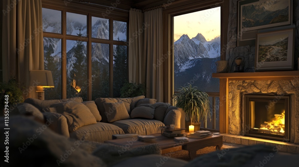 Cozy Mountain Cabin Interior at Dusk Cozy Mountain Cabin Interior at Dusk