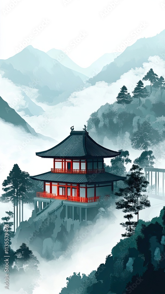 Obraz premium Serene Temple Amidst Misty Mountain Peaks