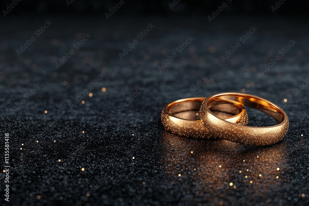 Sparkling gold wedding rings on a dark glittery background Sparkling gold wedding rings on a dark glittery background