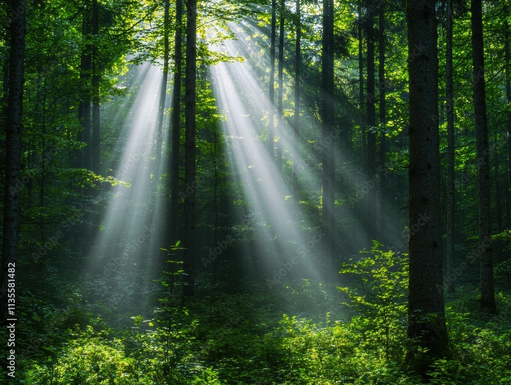 Obraz premium Sunlight streaming through lush green forest