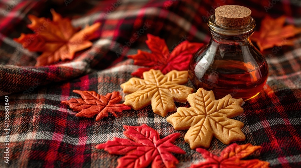 Maple Syrup Bottle Cookies And Autumn Leaves On Plaid Maple Syrup Bottle Cookies And Autumn Leaves On Plaid