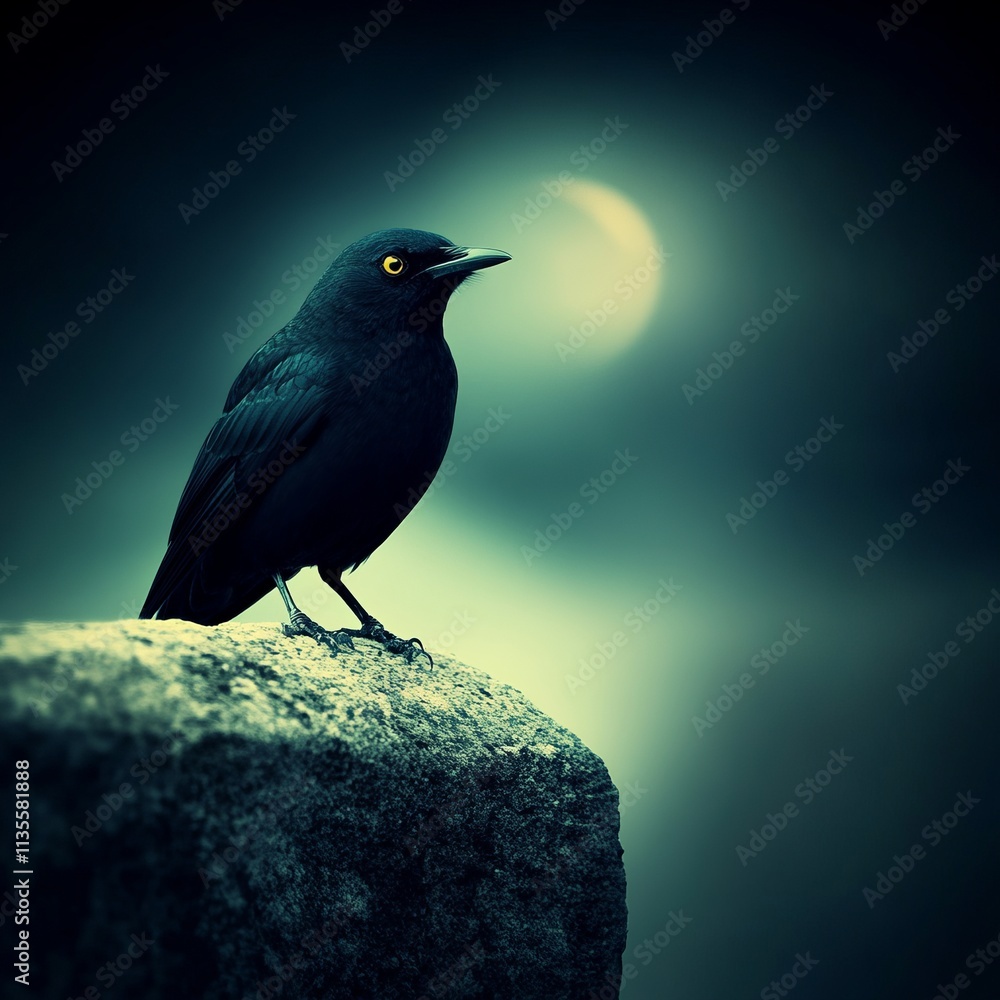 Fototapeta premium Black bird perched on rock at night under moon.