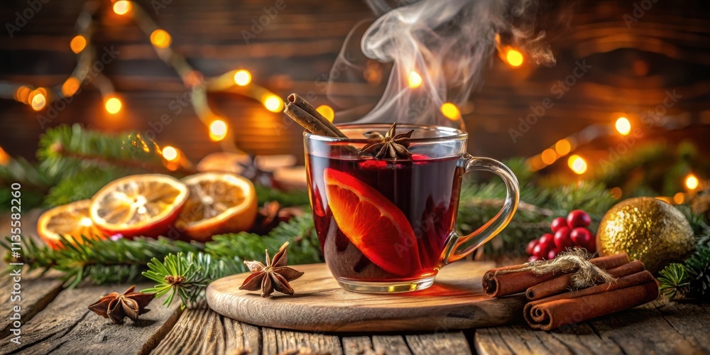 A cozy winter evening with a steaming hot cup of mulled wine, festive, holidays, warm, cozy, Christmas, spices, drink A cozy winter evening with a steaming hot cup of mulled wine, festive, holidays, warm, cozy, Christmas, spices, drink