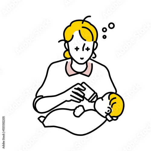 赤ちゃんにミルクをあげる女性のイラスト。育児休業中。夜間授乳。育児疲れ。