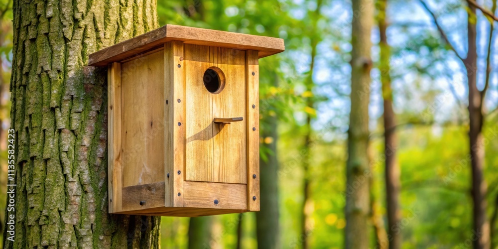 Wooden bird nesting box for local avian species during mating season, birdhouse, nesting, wooden, avian, bird, species Wooden bird nesting box for local avian species during mating season, birdhouse, nesting, wooden, avian, bird, species
