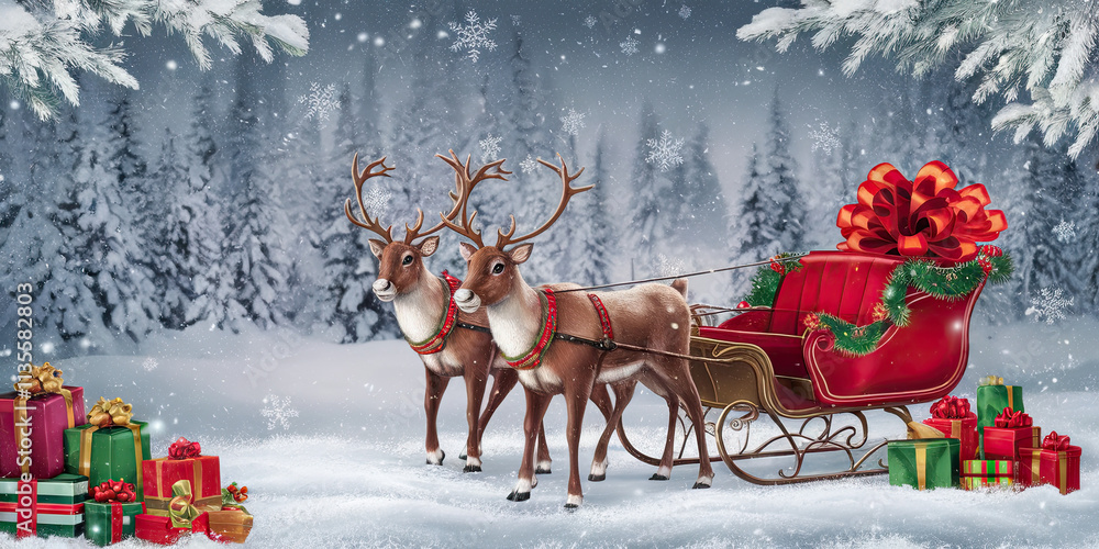 Fototapeta premium Magical Christmas Reindeer Sleigh Ride in Snowy Winter Forest