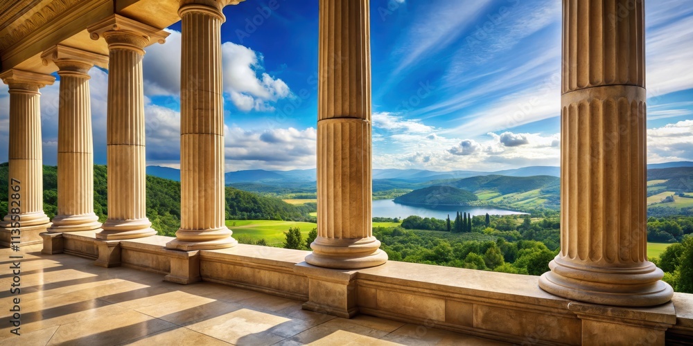 Fototapeta premium Classical stone columns overlooking a scenic view , architecture, ancient, historical, columns, pillars, neoclassical, Greek