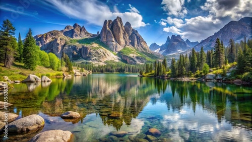 Mountain landscape with a serene lake, surrounded by towering rocks , mountains, landscape, water, rocks, nature