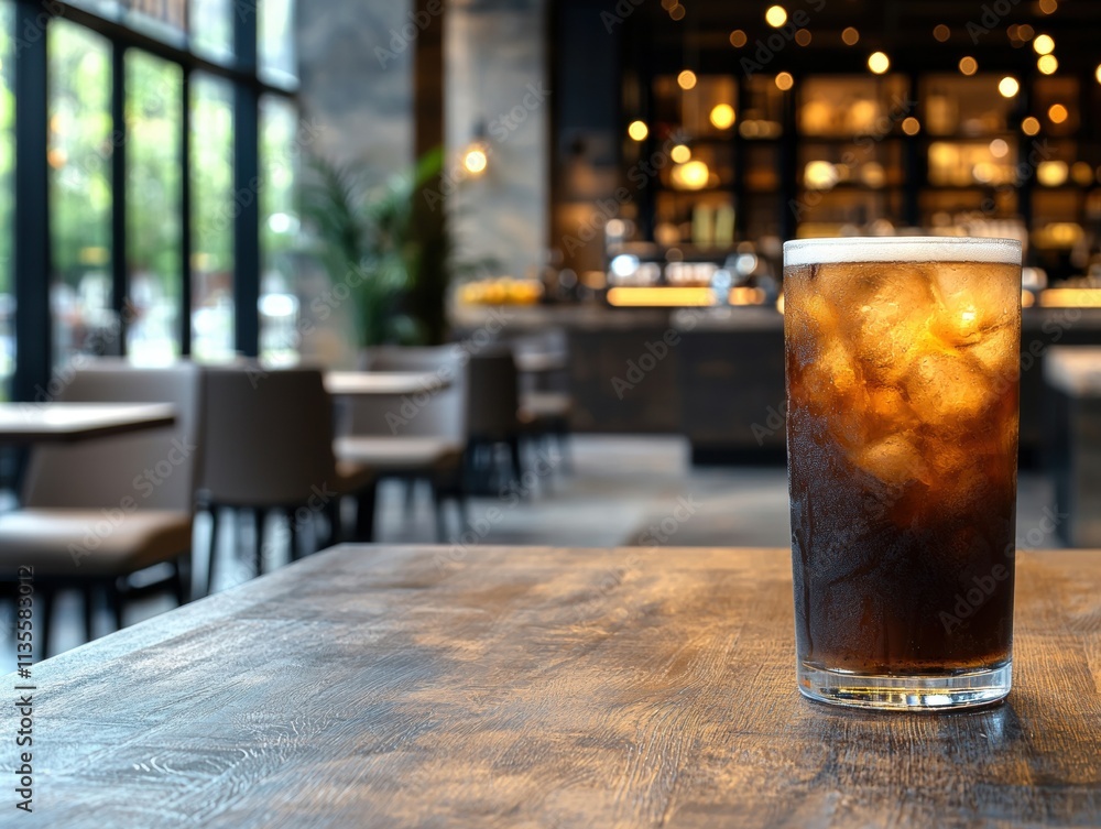 refreshing iced coffee drink on wooden table in cozy cafe refreshing iced coffee drink on wooden table in cozy cafe