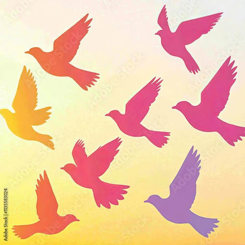 Colorful birds in flight, gradient background.