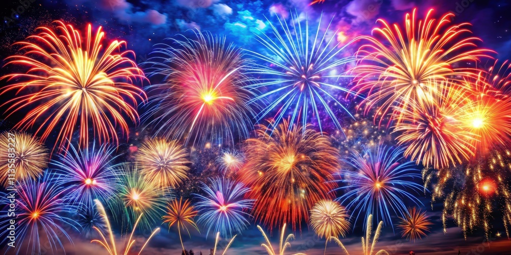 Vibrant close-up of July 4th fireworks display in the night sky , July 4th, fireworks, celebration Vibrant close-up of July 4th fireworks display in the night sky , July 4th, fireworks, celebration