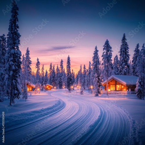 Cozy cabins nestled in a snowy forest at sunset, illuminated path.