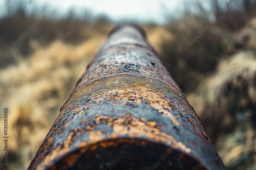 Rusty metal pipe extends into blurred autumnal landscape Rusty metal pipe extends into blurred autumnal landscape
