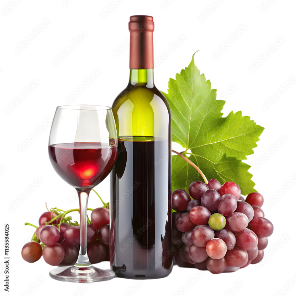 Fototapeta premium Bottle of wine and glass with grapes on white background 